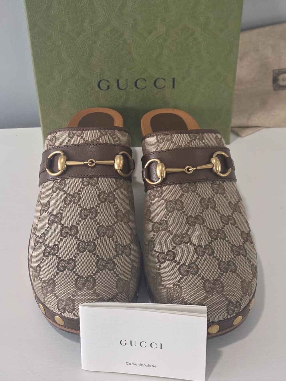 Gucci Beige & Brown GG Canvas Studded Clog - Picture 2 of 16